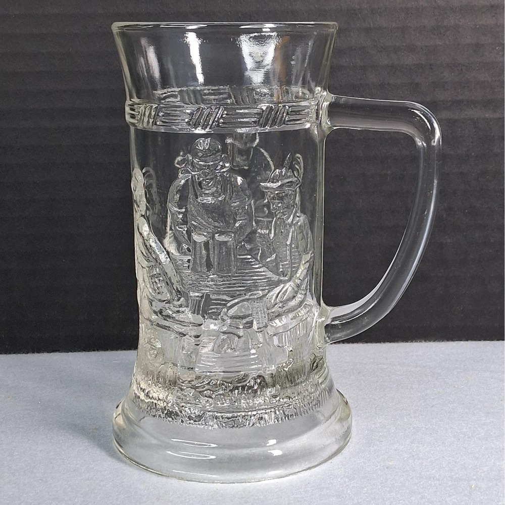 Indiana Glass Tiara Tavern Beer Stein Glass w/ Handle Relief Bar Scene Clear VTG